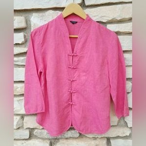 VIVID Asian Style Pink 100% Linen 3/4 Sleeve Button-Up Shirt Frog Buttons Size S